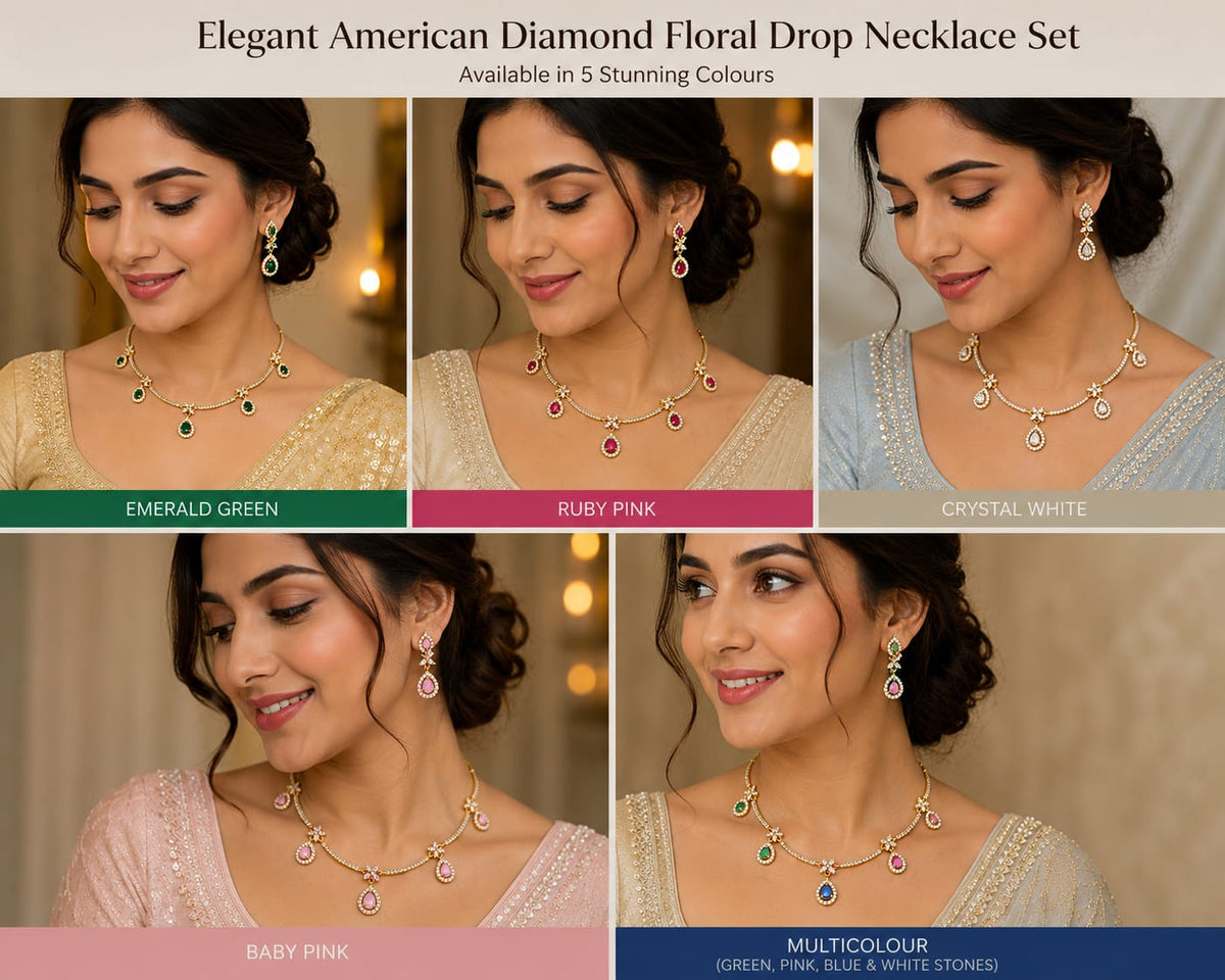 *Elegant American Diamond Floral Drop Necklace Set*